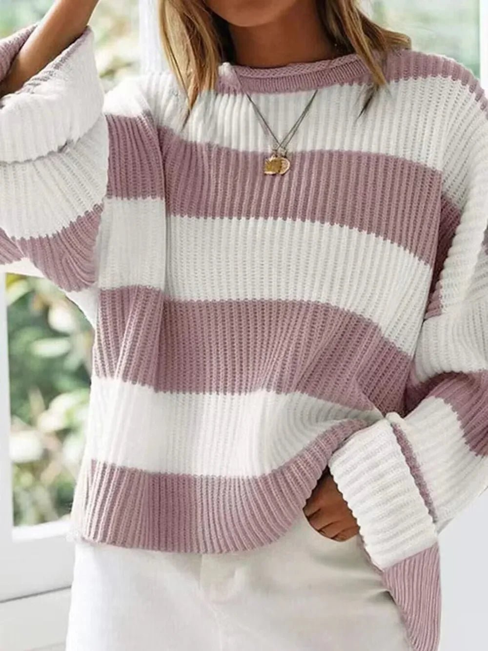 Round Neck Long Sleeve Sweater - SugarPepper