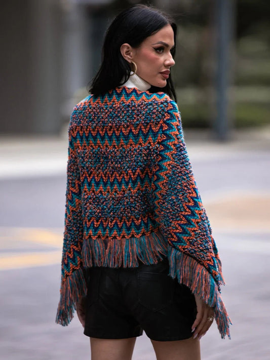 Shiny Fringe Hem Boat Neck Poncho - SugarPepper