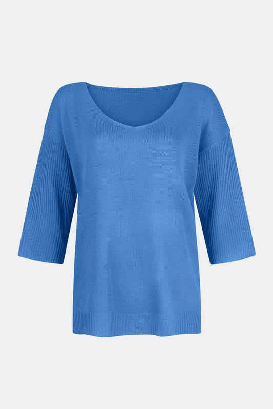 V - Neck Three - Quarter Sleeve Knit Top - SugarPepper
