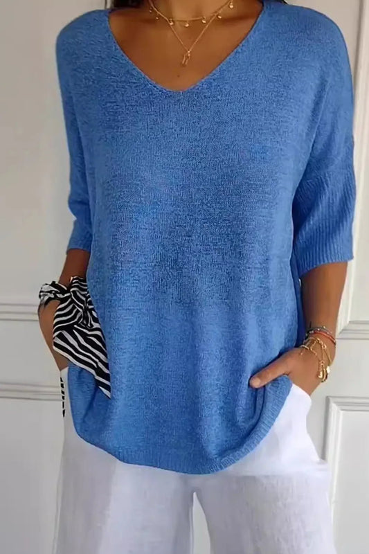 V - Neck Three - Quarter Sleeve Knit Top - SugarPepper